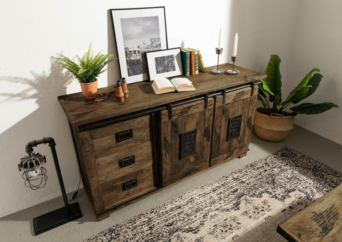 SIDEBOARD Mango 150x45x80 braun lackiert RAILWAY #400 - Braun, Holz (150/80/45cm) - Massivmoebel24