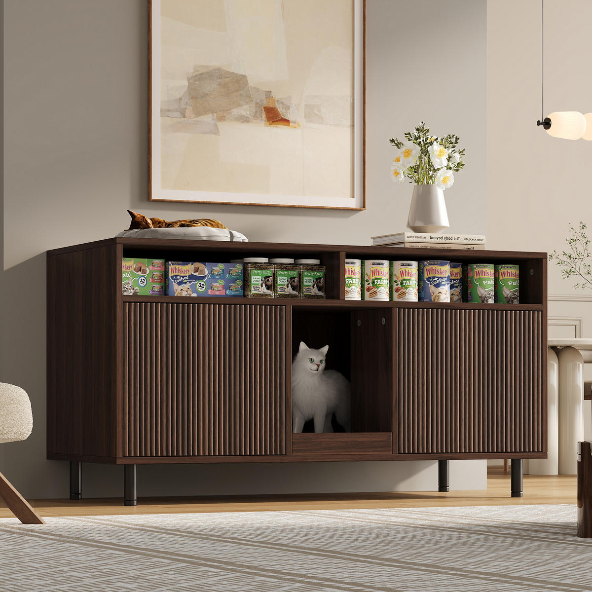 SIDEBOARD Nussbaumfarben aus MDF 120×50×66cm als Katzentoiletten-Schrank mit Sandauffangmatte und Ablagefächern - Nussbaumfarben, Holzwerkstoff (50/66/120cm) - Luhomfu