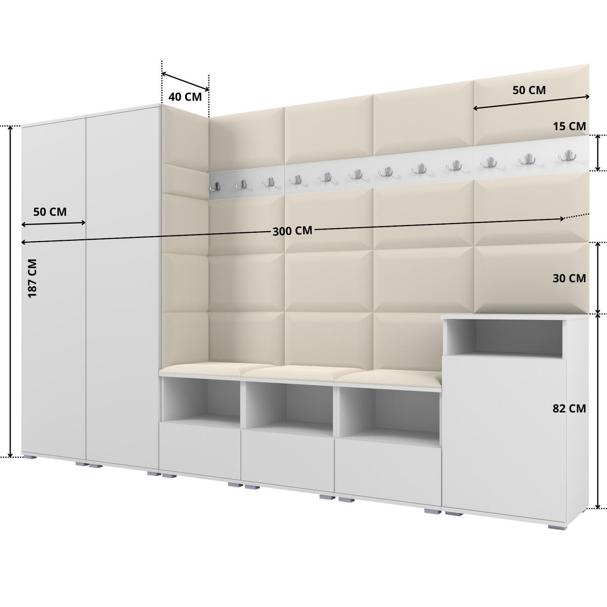 GARDEROBE NELA XII 300 cm (Modulare Flurmöbel Weiß mit Sitzpolster Creme 01 Gigantisches Set) - Silberfarben/Creme, Holz/Holzwerkstoff (300/187/40cm) - Ravio