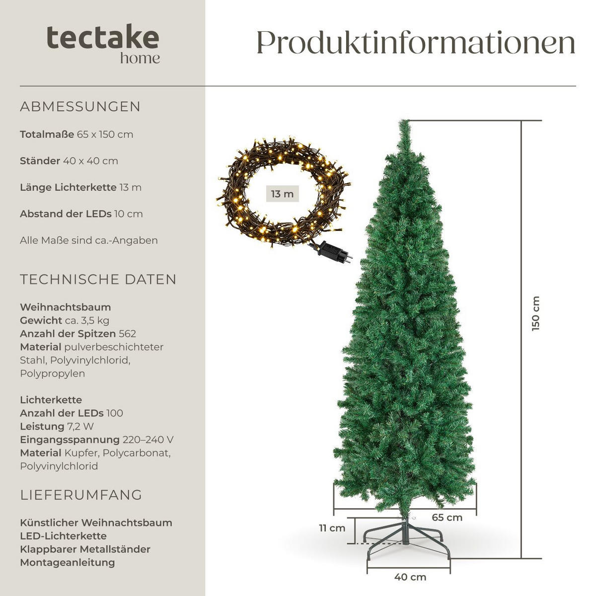 SET WEIHNACHTSBAUM MIT LICHTERKETTE ,pulverbeschichteter Metallständer mit Kunststoffkappen,grün - Grün, Kunststoff (150cm) - tectake