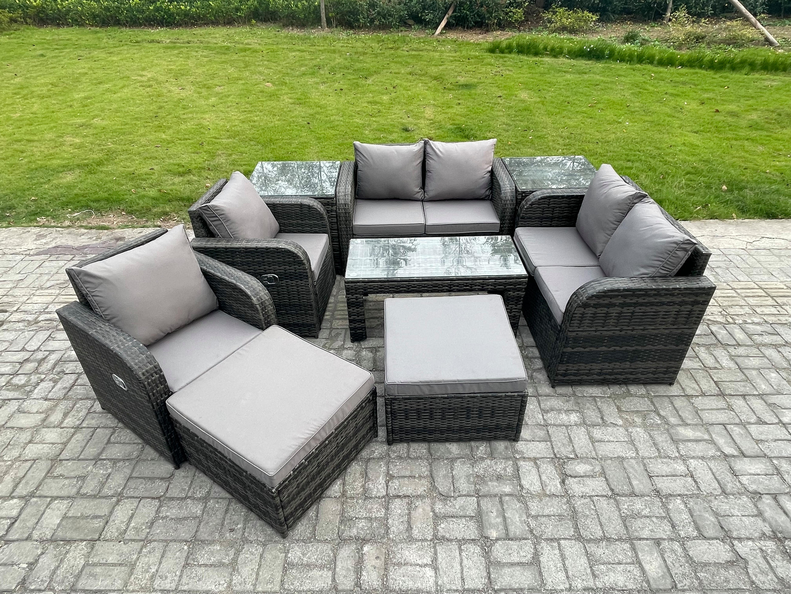 GARTENSOFA SET mit LIEGESTUHL Polyrattan 8-Sitzer Dunkelgrau - Dunkelgrau/Grau, Glas/Kunststoff - Fimous