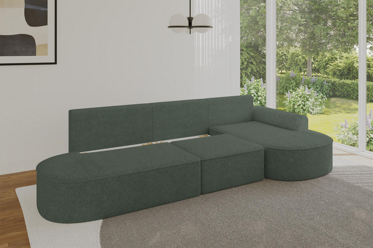 ECKSOFA mit Schlaffunktion Ottomane RECHTS MARI L2-S 368X167X85 Grün Velours - Schwarz/Hellgrün, Holzwerkstoff/Kunststoff (167/368cm) - ALTDECOR