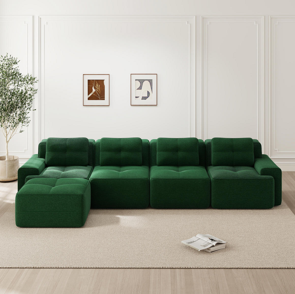 ECKSOFA 4-Sitzer 382/177/69 cm grün aus Cord mit Tiefsitz 74 cm - Grün, Textil (177/382cm) - OKWISH