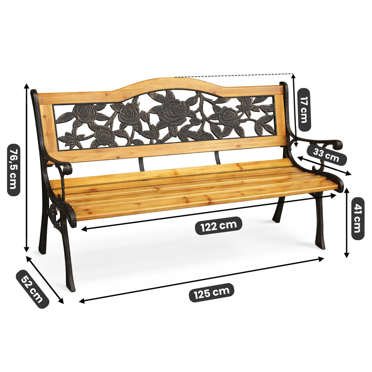 GARTENBANK ROSA Schwarz 125 x 76,5 x 52 cm - Schwarz/Braun, Holz/Metall (125/76.5/52cm) - Akord