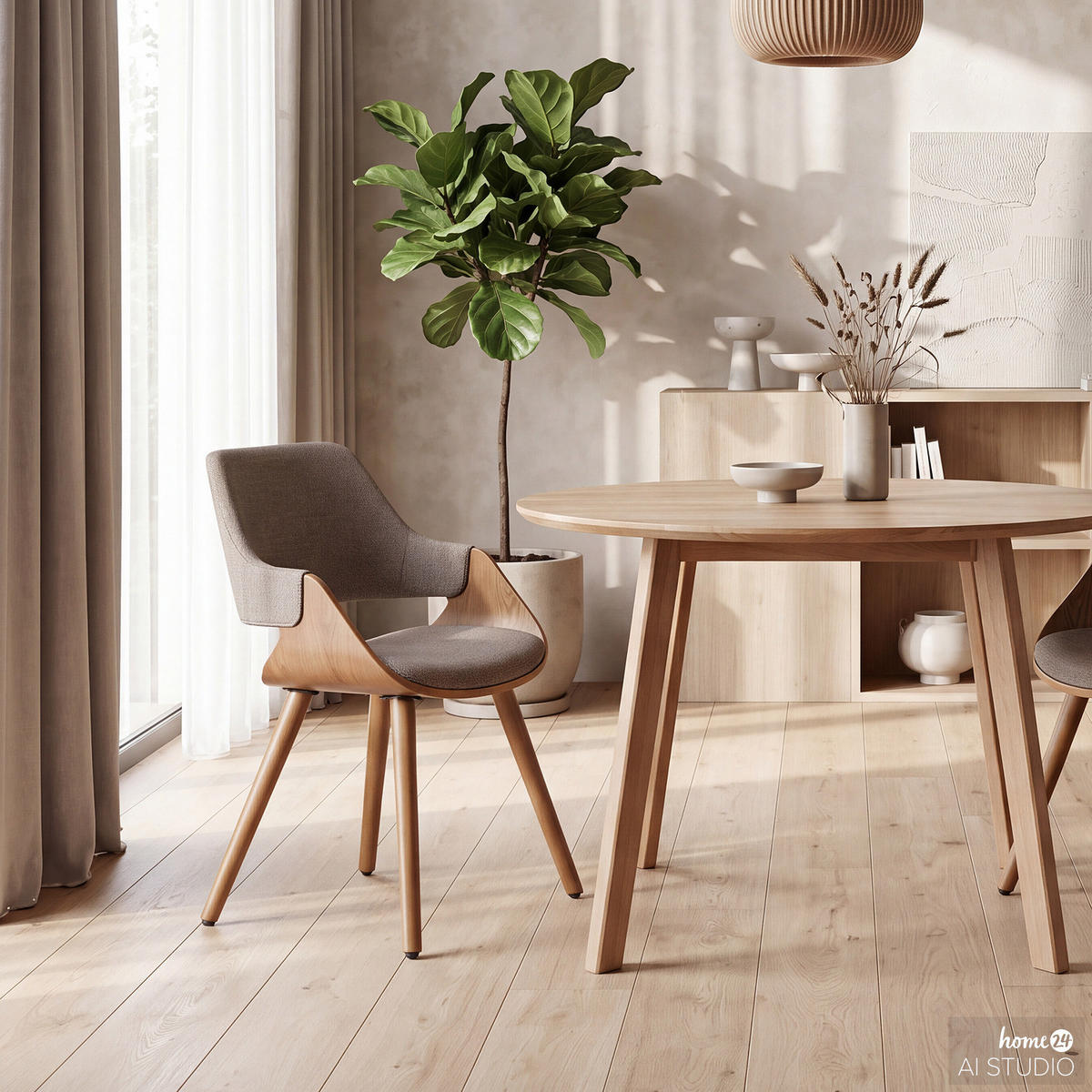 ARMLEHNENSTUHL - 2er-Set - Massivholz / Textil - Braun/Grau, Holz/Holzwerkstoff (51/80/57cm) - home24