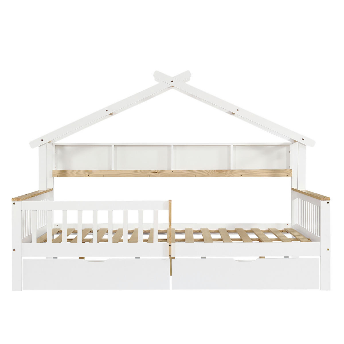 HAUSBETT 140/200 cm DE-02253, in Weiß, mit Dach, Regal und 2 Schubladen - Weiß, Holz/Holzwerkstoff (140/200cm) - ComfortXL