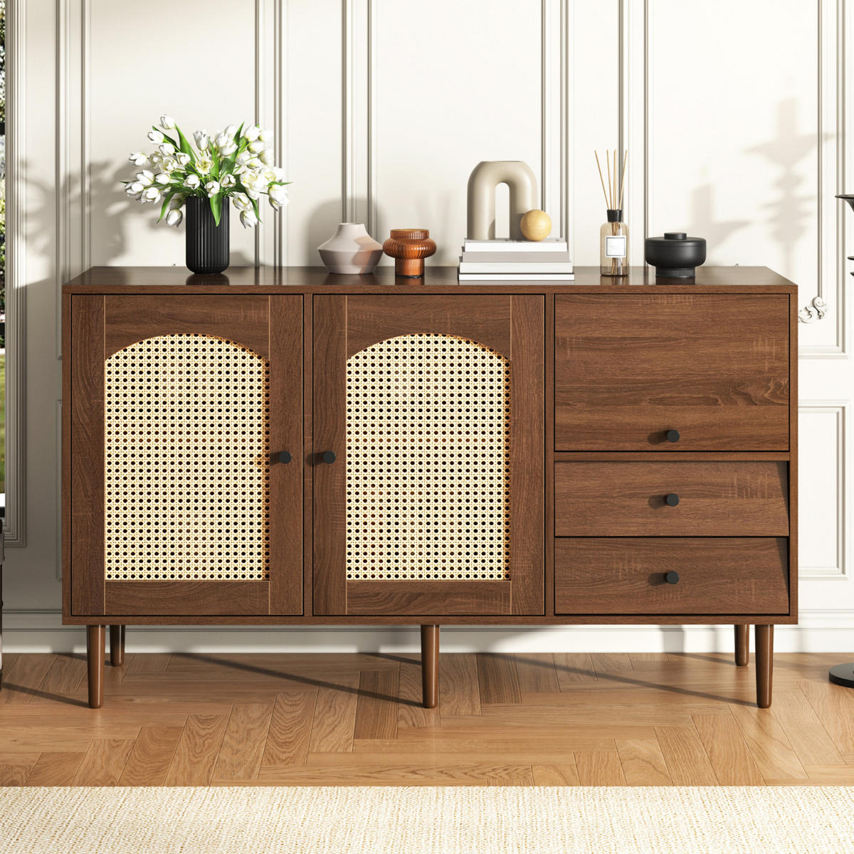 SIDEBOARD Holzdekor, 3 Türen, 2 Schubladen, Rattanoptik - Kastanienfarben, Holz (130/75/40cm)