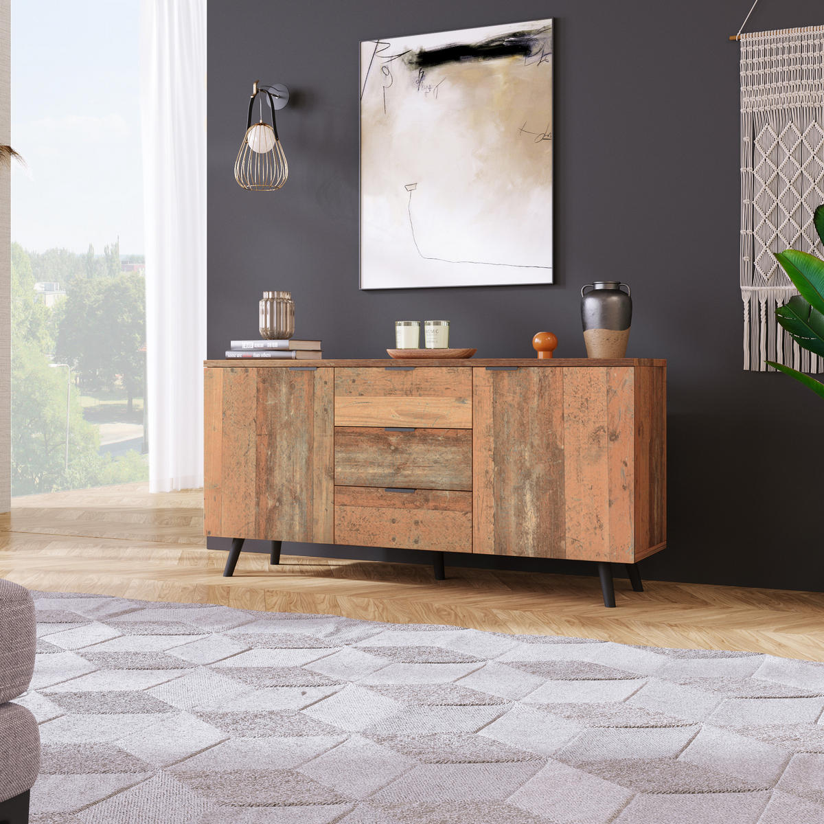 SIDEBOARD, 3 Schubladen, Verstellbare Regale, Vintage, Braun - Braun, Holzwerkstoff (35/70/140cm) - FLIEKS