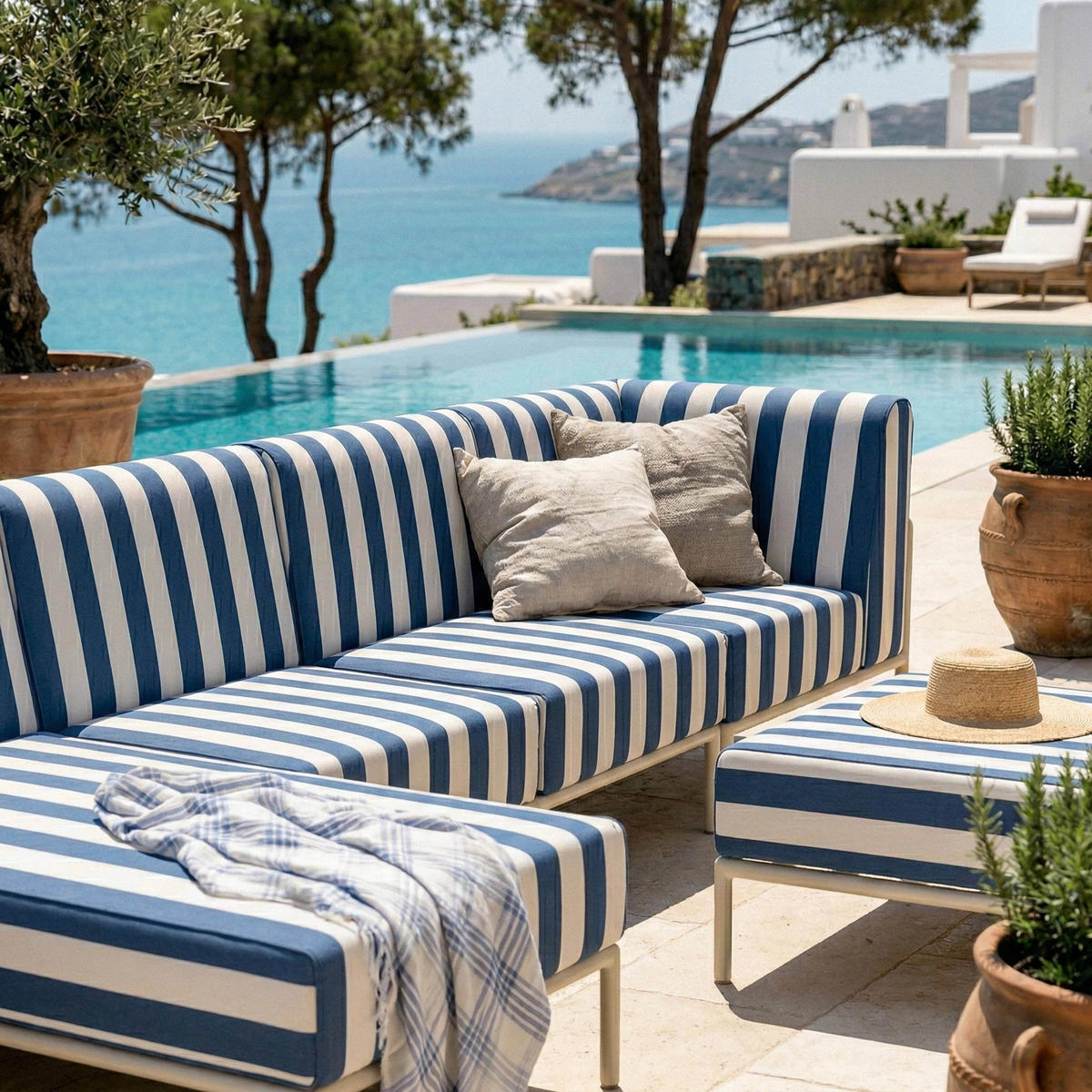 GARTENSOFA mit 5 Sitzplätzen, Blau - Blau, Textil - Oviala