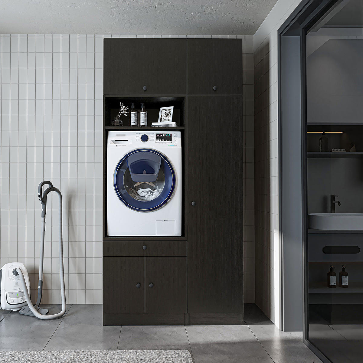 WASCHMASCHINENSCHRANK Serie 1 112cm Breit, 230cm Hoch - Schwarz, Holzwerkstoff (112/230/67cm)