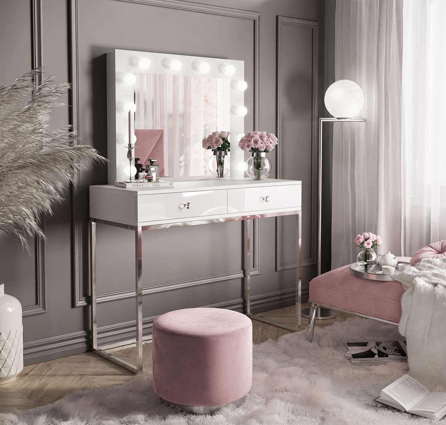 SCHMINKTISCH BLANCO GLAMOUR mit Spiegel und Beleuchtung Weiß Hochglanz Kristallgriff - Weiß Hochglanz/Silberfarben, Holzwerkstoff (100/146/42cm) - Lookway