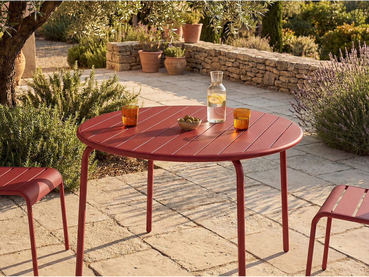 GARTENTISCH - 4 -Sitzer - Stahl - rot - MIRMANDE - Rot, Metall (110/110/74cm) - Vente-Unique