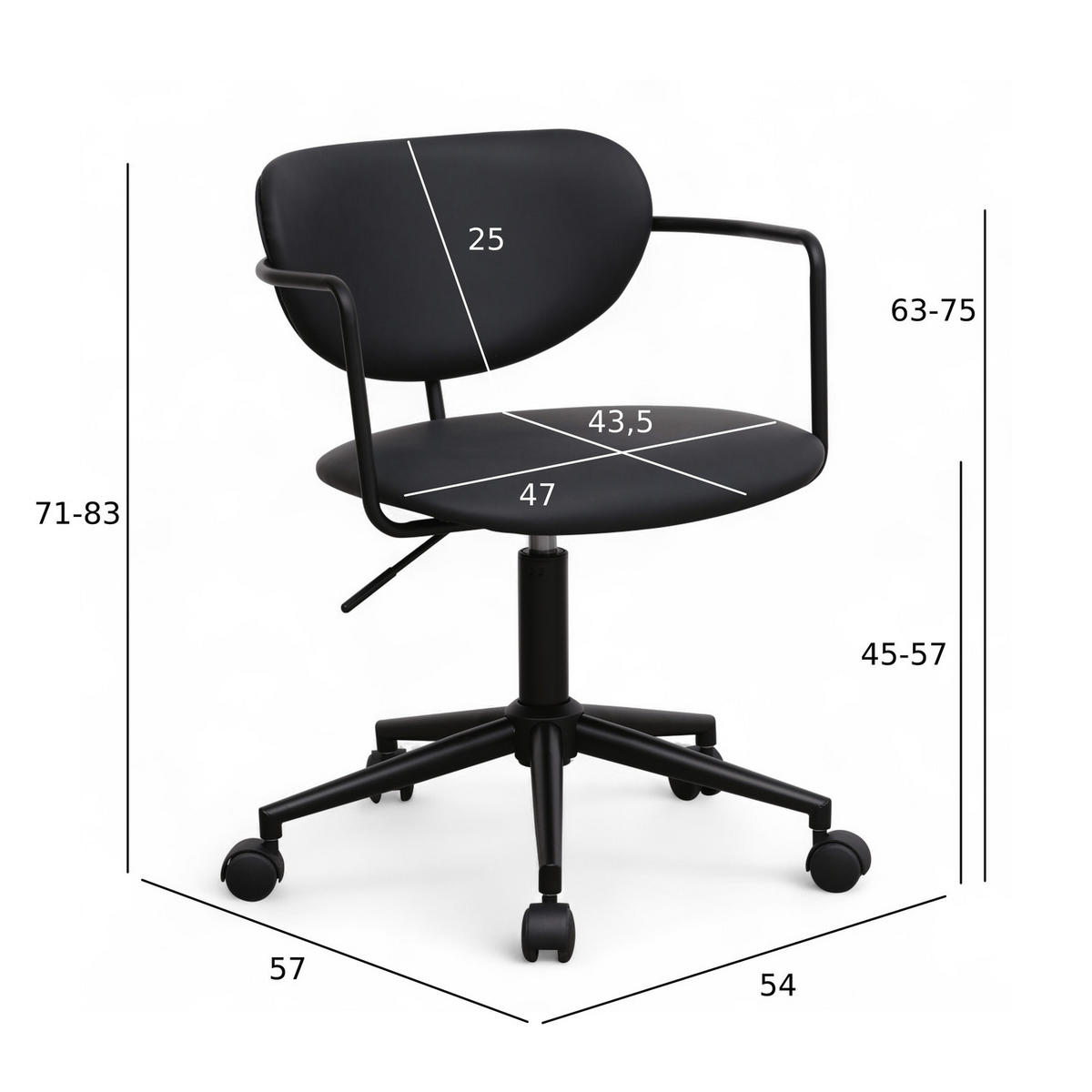 DREHSTUHL höhenverstellbar in Kunstleder Schwarz - Schwarz, Textil/Metall (54/71/57cm) - Furnhouse