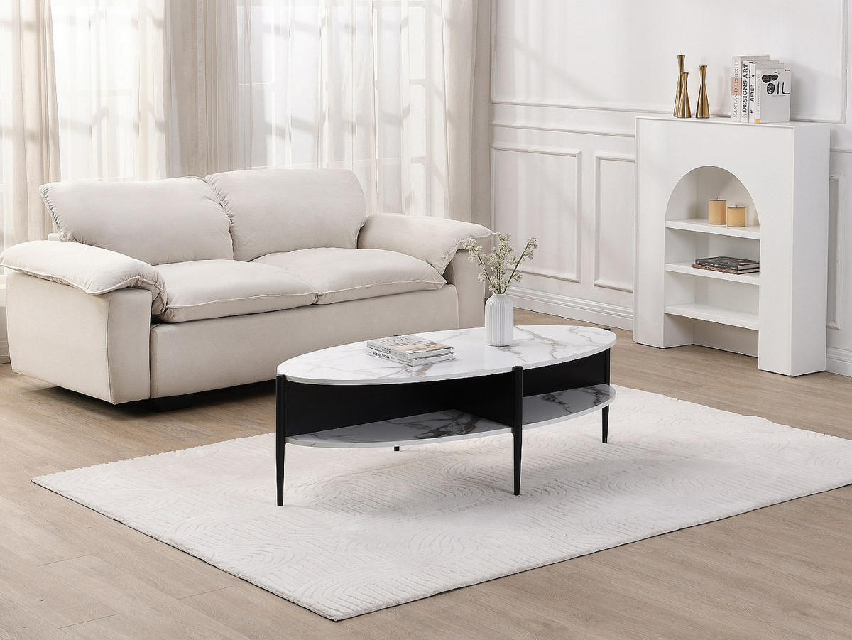 COUCHTISCH oval mit 4 Ablagefächern - MDF & Metall - Marmor-Optik Weiß & Schwarz - EVARO - Schwarz/Weiß, Holz (65/125/39cm) - Vente-Unique