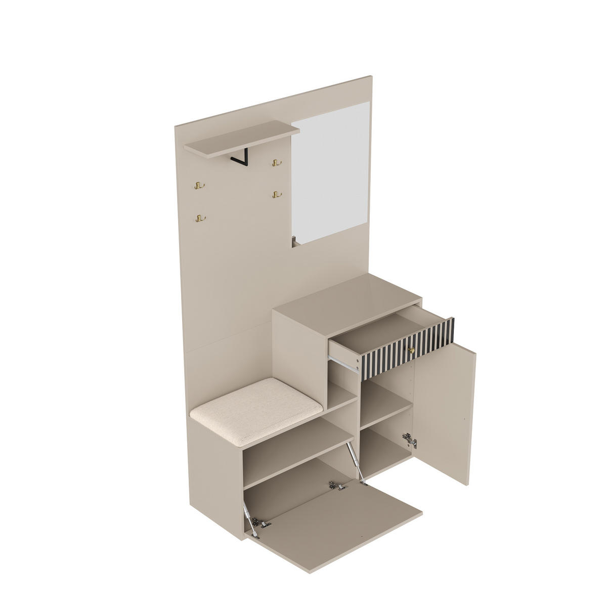 GARDEROBE Flur MDF Schuhschrank Sitzbank Spiegel Soft-Close verstellbare Regale - Beige/Weiß, Glas/Holzwerkstoff (111/185.5/37cm) - EVRYAE