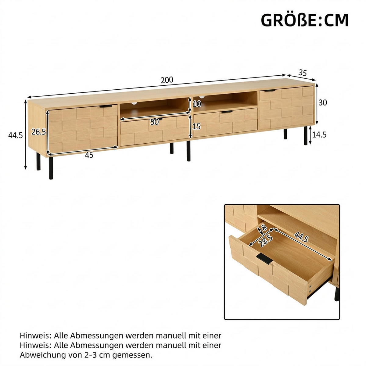 TV-SCHRANK 200/35/44.5 cm Naturholz für 80 Zoll mit 2 Schubladen und 2 Türen - Naturfarben, Holzwerkstoff (200/44.5/35cm) - Oxeza