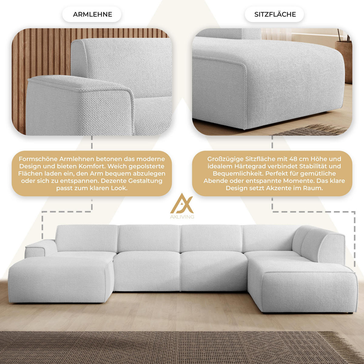 WOHNLANDSCHAFT Didim Ivory 378/220/78 cm – großes Sofa stilvoll & bequem R - Greige/Champagner, Kunststoff/Textil (378/78/220cm) - AX Living
