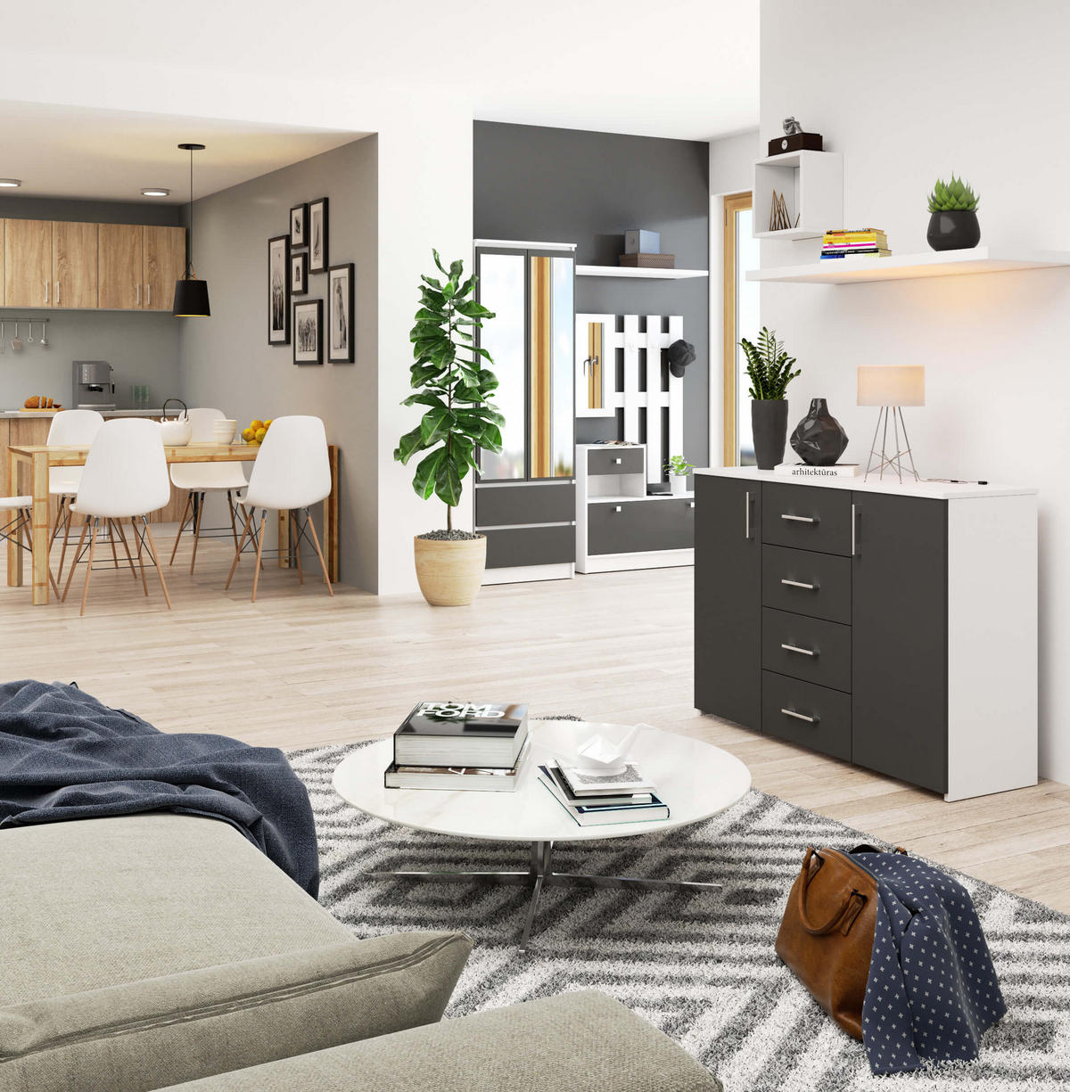 KOMMODE Weiß, Graphit Grau 80/110/35 - Weiß, Holzwerkstoff (110/80/35cm) - RAUMHIRSCH FURNITURE