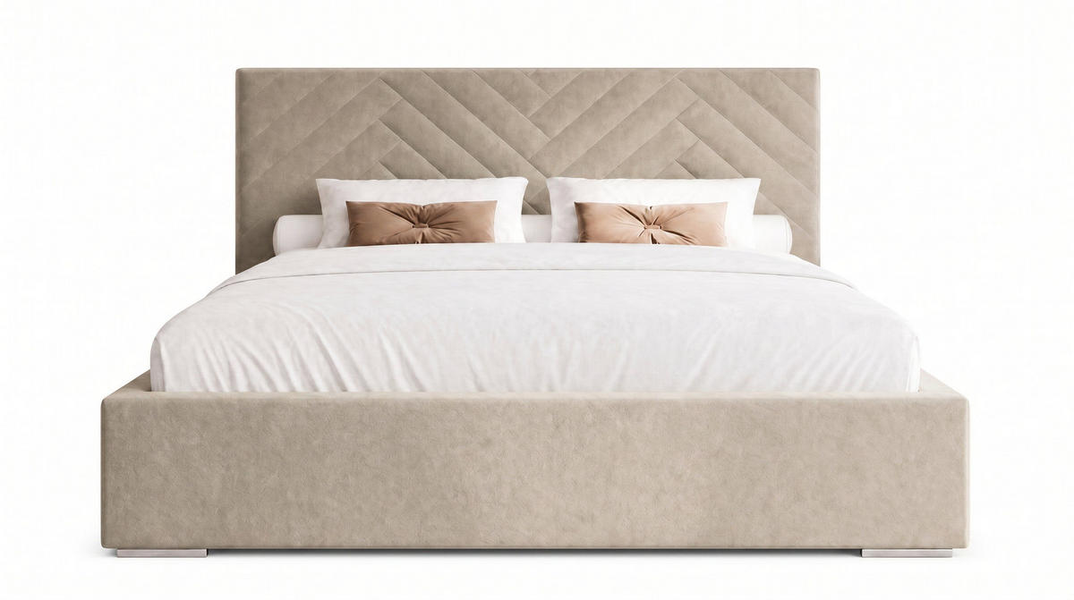 MARPUR Polsterbett AURA 140x200 cm mit Bettkasten und Lattenrost, Veloursstoff Hellbraun - Chromfarben/Hellbraun, Holz/Holzwerkstoff (140/200cm) - Marpur