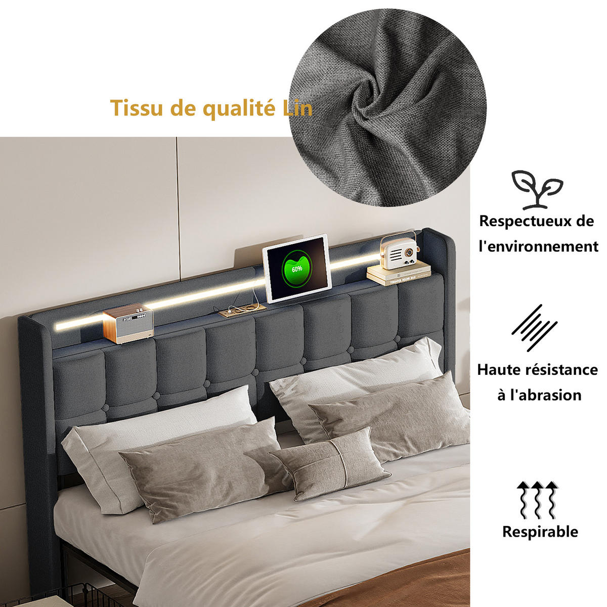 POLSTERBETT 160x200 cm mit LED, USB, 4 Schubladen, Leinen, Grau - Grau, Holz (160/200cm)