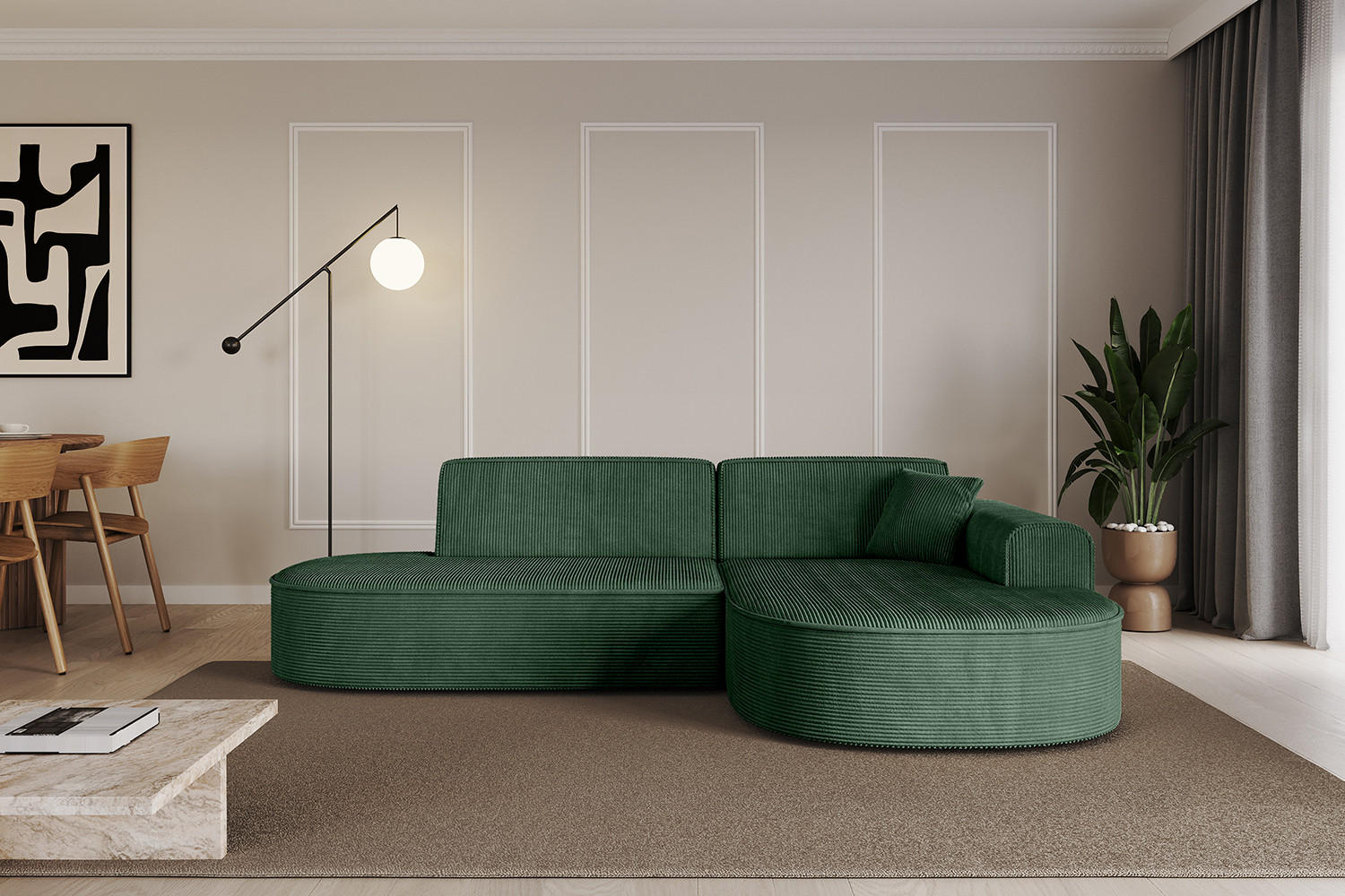 ECKSOFA Ottomane Rechts MARI-L1 - 232x163x73,5 cm Grün Cord - Schwarz/Grün, Holzwerkstoff/Kunststoff (234/163cm) - ALTDECOR