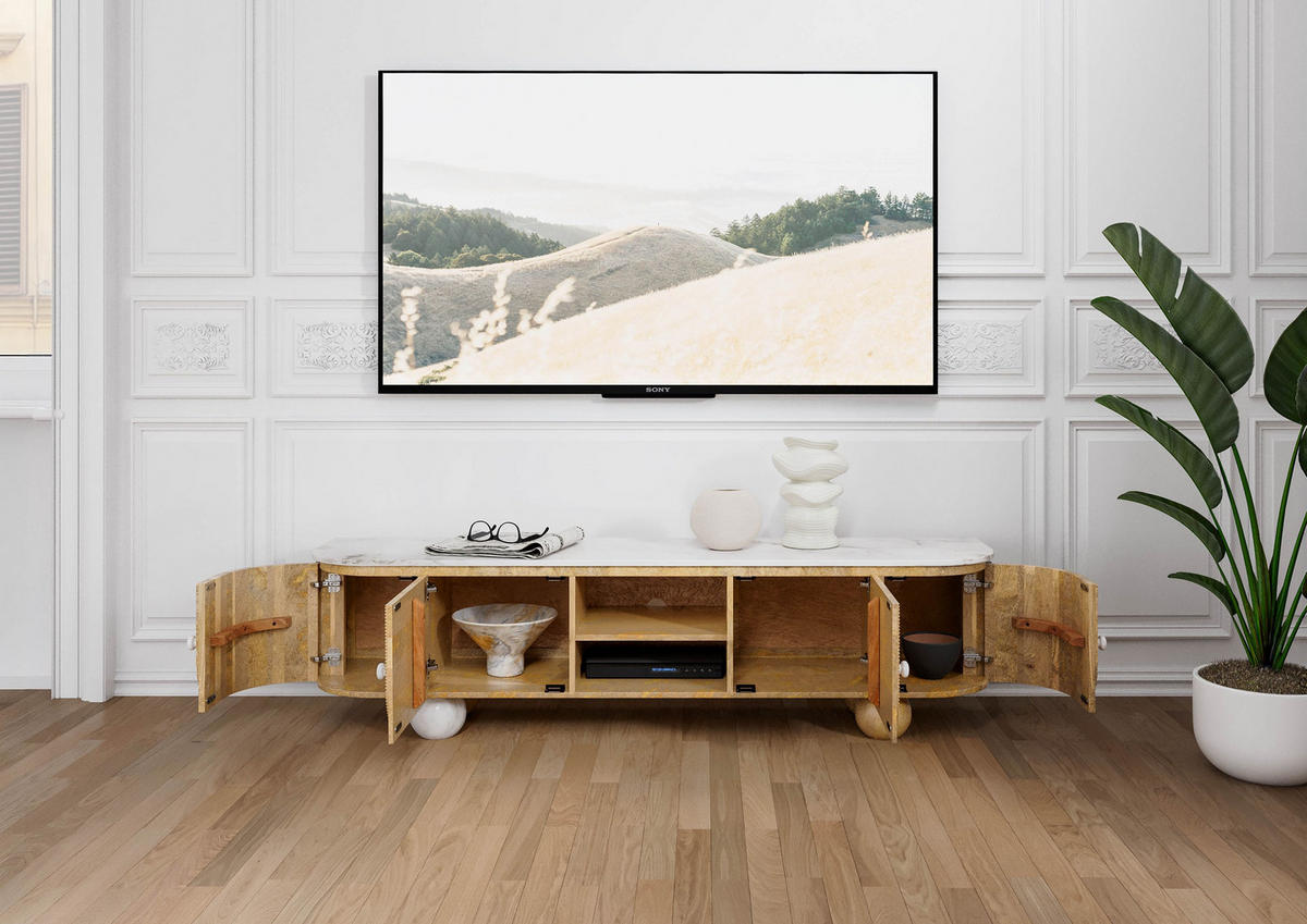 TV-BOARD Mango 180x40x50 natur lackiert / Marmor weiß FLORENZ #100 - Naturfarben, Holz (180/50/40cm) - Massivmoebel24