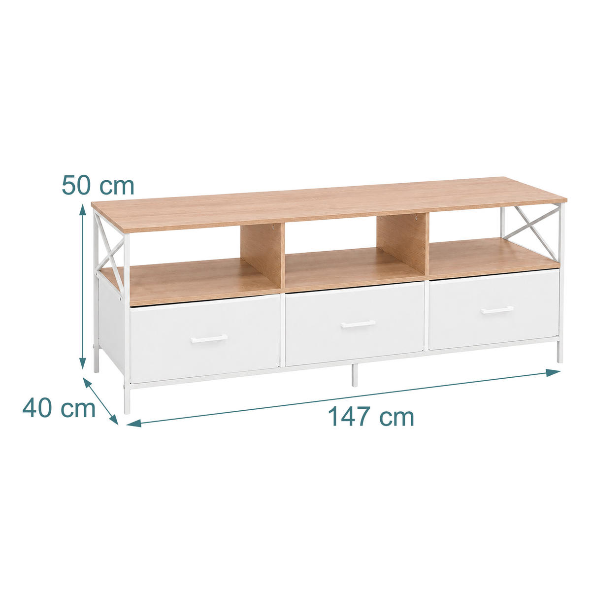 TV-LOWBOARD Holzoptik-Weiß Stoffschubladen 150 cm - Multicolor, Holzwerkstoff/Textil (147/50/40cm) - Relaxdays