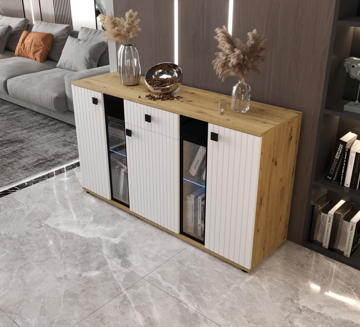 KOMMODE London LSMK LAMELE mit 3 Türen, Sideboard in Farbe: Weiß|Braun, Größe: 140 x 80 x 40 cm - Weiß/Braun, Holzwerkstoff (140/80/40cm) - O-Sofa