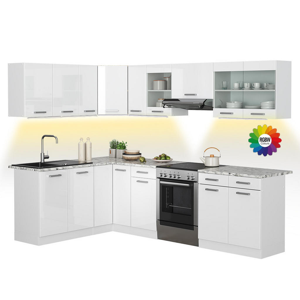 BUCATARIE DE COLT R-Line, Alb lucios ridicat/Alb, 267 x 167 cm, marmura AP cu benzi LED