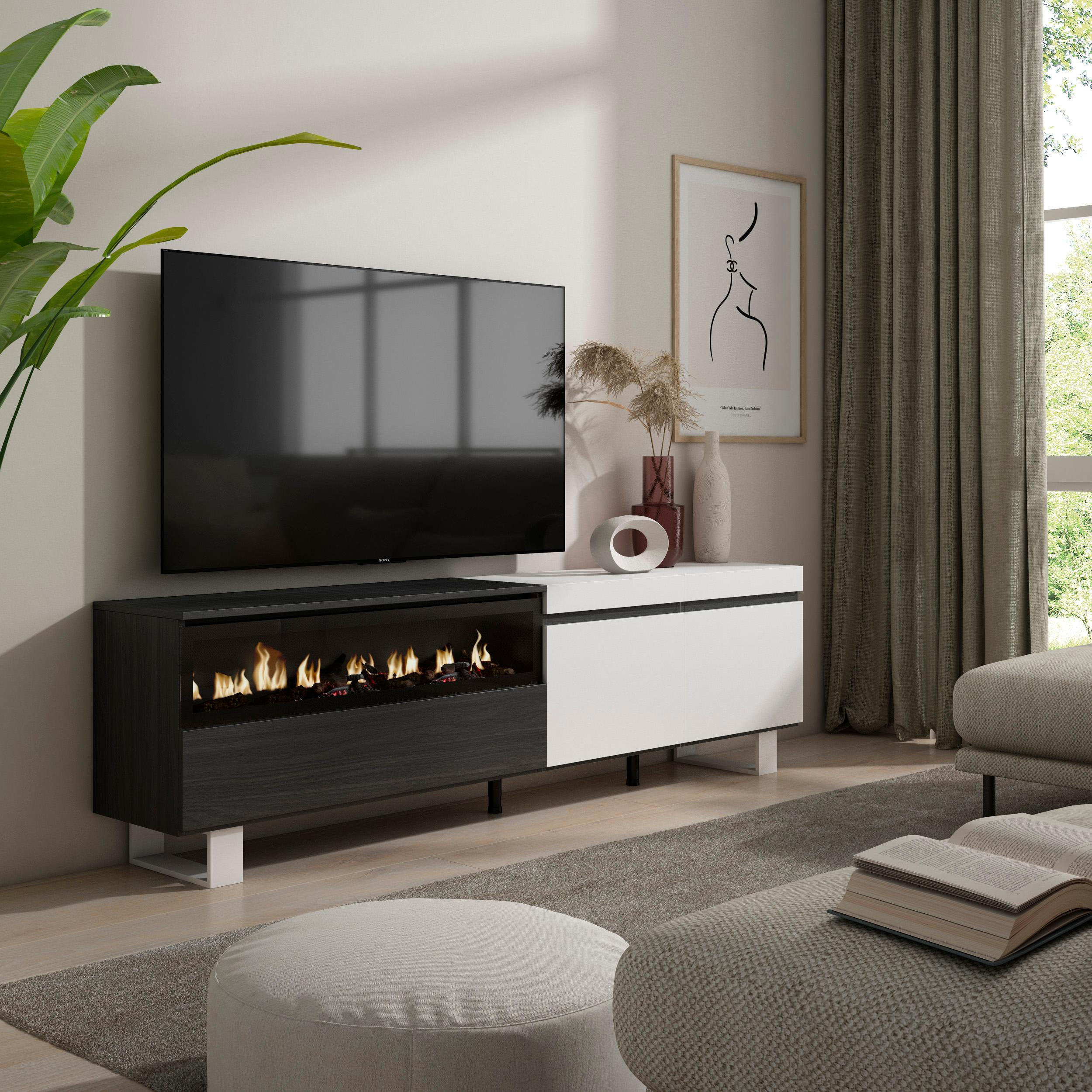 TV-SCHRANK weiß, schwarz, mit Elektrokamin, 200/35/57cm - Schwarz/Weiß, Holzwerkstoff (200/57/35cm) - Skraut Home