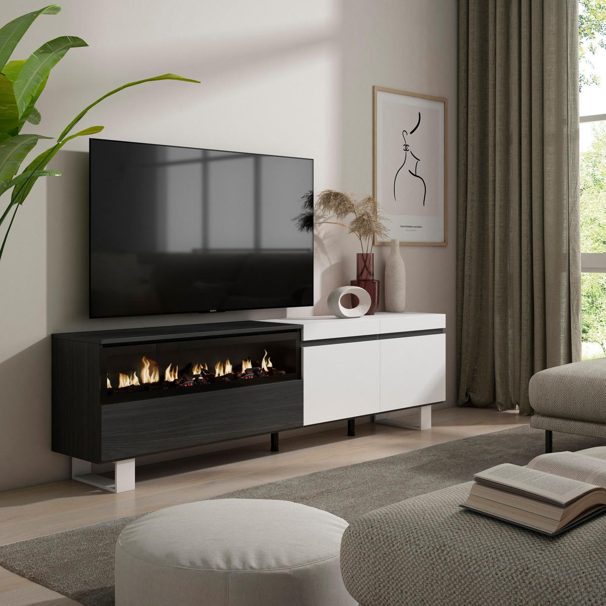 TV-SCHRANK weiß, schwarz, mit Elektrokamin, 200/35/57cm - Schwarz/Weiß, Holzwerkstoff (200/57/35cm) - Skraut Home