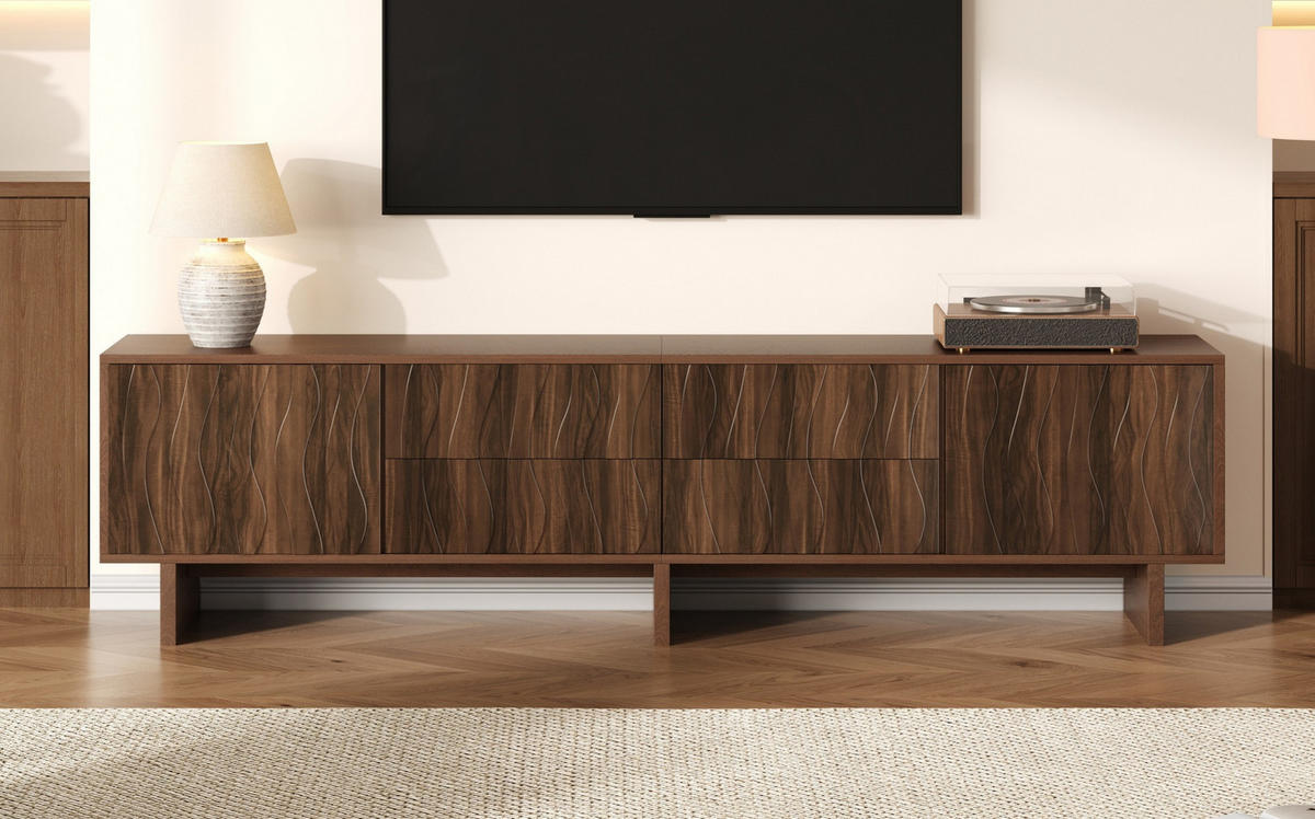 TV ormarić od iverice 180x40x56 cm tamni orah s 4 ladice, 2 vrata i valovitim dizajnom - smeđa, drvni materijal (180/56/40cm) - Modfu