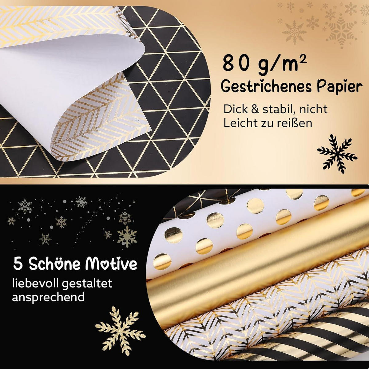 GESCHENKPAPIER Set 5 Rollen Schwarz Gold 43 cm x 3 m - Multicolor, Papier (43/43/300cm)