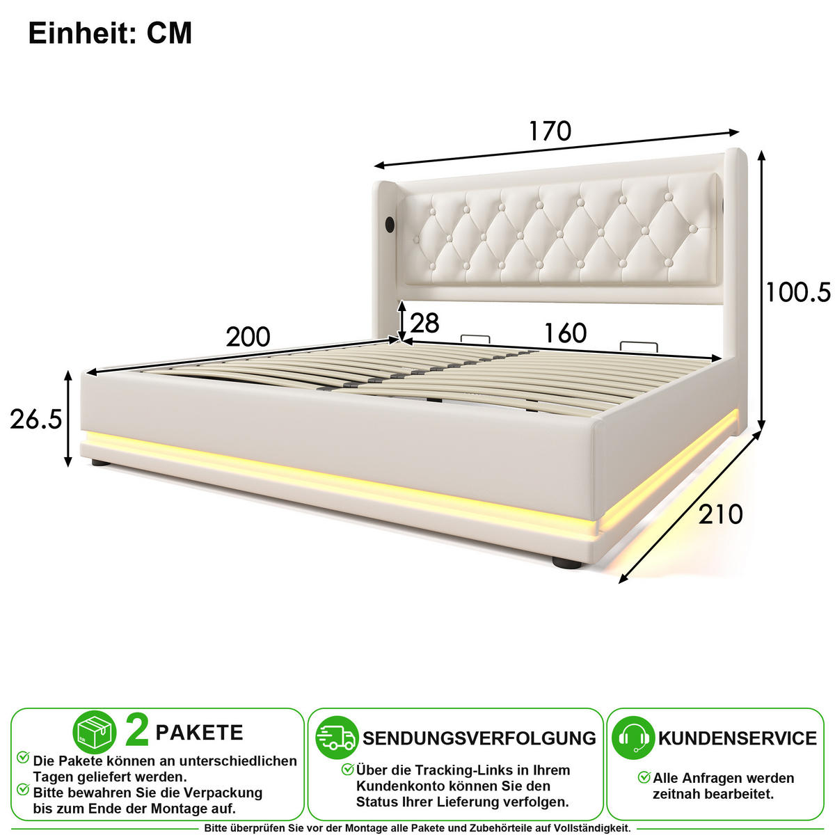 POLSTERBETT 160/200 cm in Weiß mit Bettkasten, LED und USB/Type-C - Weiß, Holzwerkstoff/Textil (160/200cm) - CHICFURN