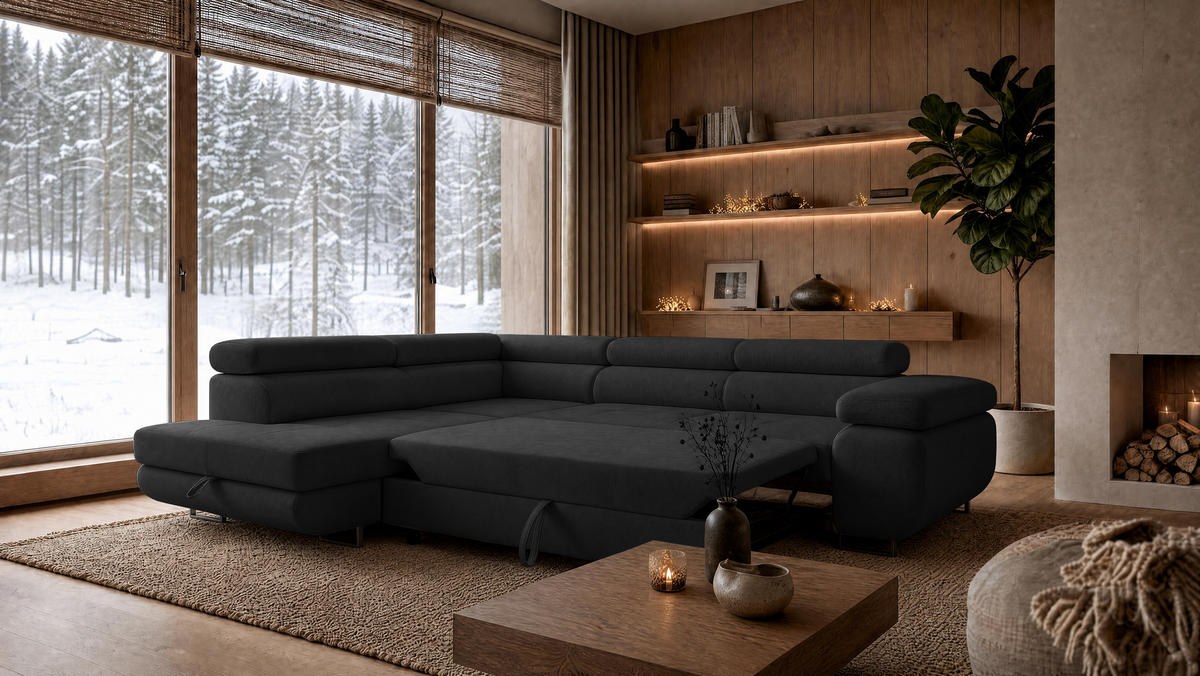 ECKSOFA Velmo mit Bettkasten und Schlaffunktion, verstellbaren Kopfstützen, in L-Form - Dunkelgrau, Textil (275/203cm)