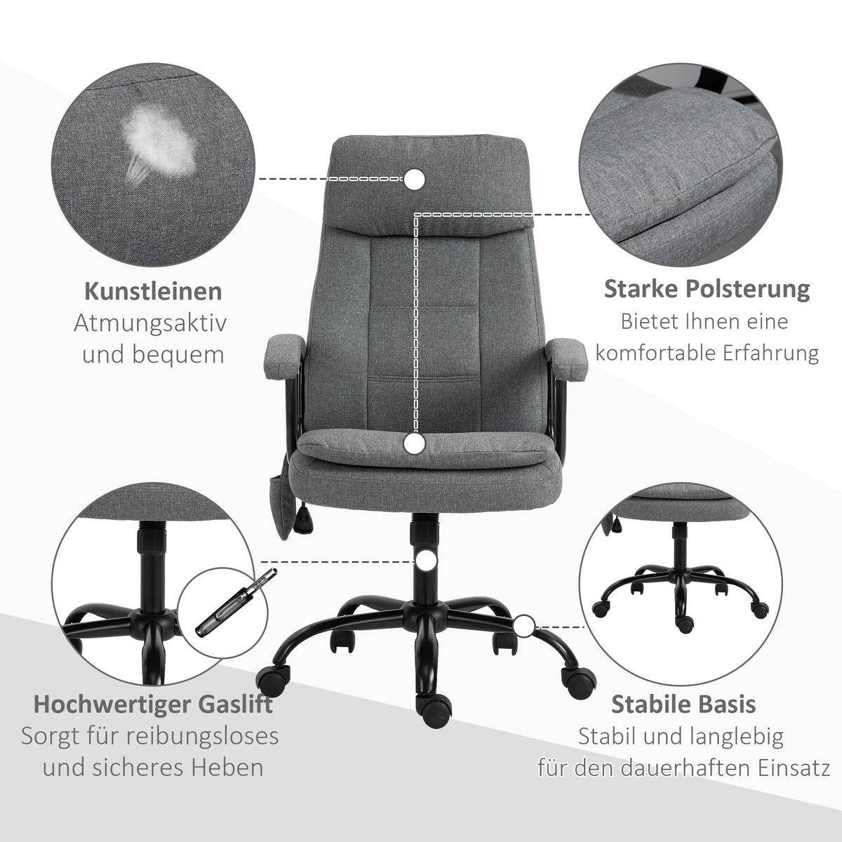 MASSAGEBÜROSTUHL Drehstuhl höhenverstellbar Lendenwirbelsäulenmassage Grau - Grau, Kunststoff (70/121/63cm) - Vinsetto