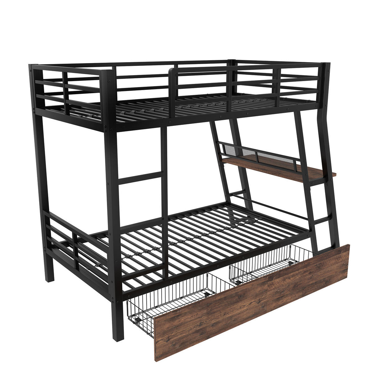 HOCHBETT 90/200 cm aus Metall mit Schreibtisch, LED-Beleuchtung, 2 Schubladen und Treppe, Schwarz - Schwarz, Metall (90/200cm) - Redom