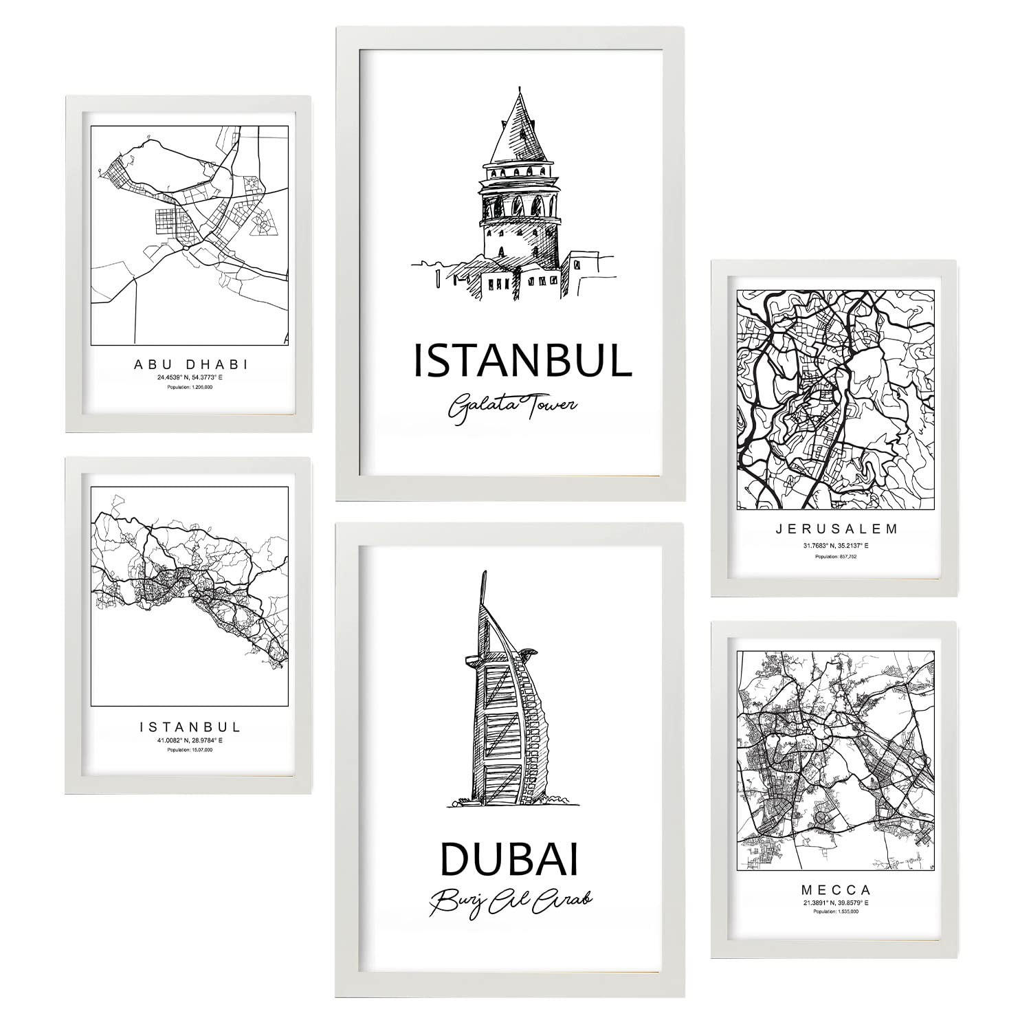 POSTER Set Mit 6 Drucke Von Naher Osten Von Karten In Schwarz Weiß A3 & A4 Weißer Rahmen - Weiß, Papier (29/3cm) - Nacnic