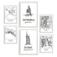 POSTER Set Mit 6 Drucke Von Naher Osten Von Karten In Schwarz Weiß A3 & A4 Weißer Rahmen - Weiß, Papier (29/3cm) - Nacnic