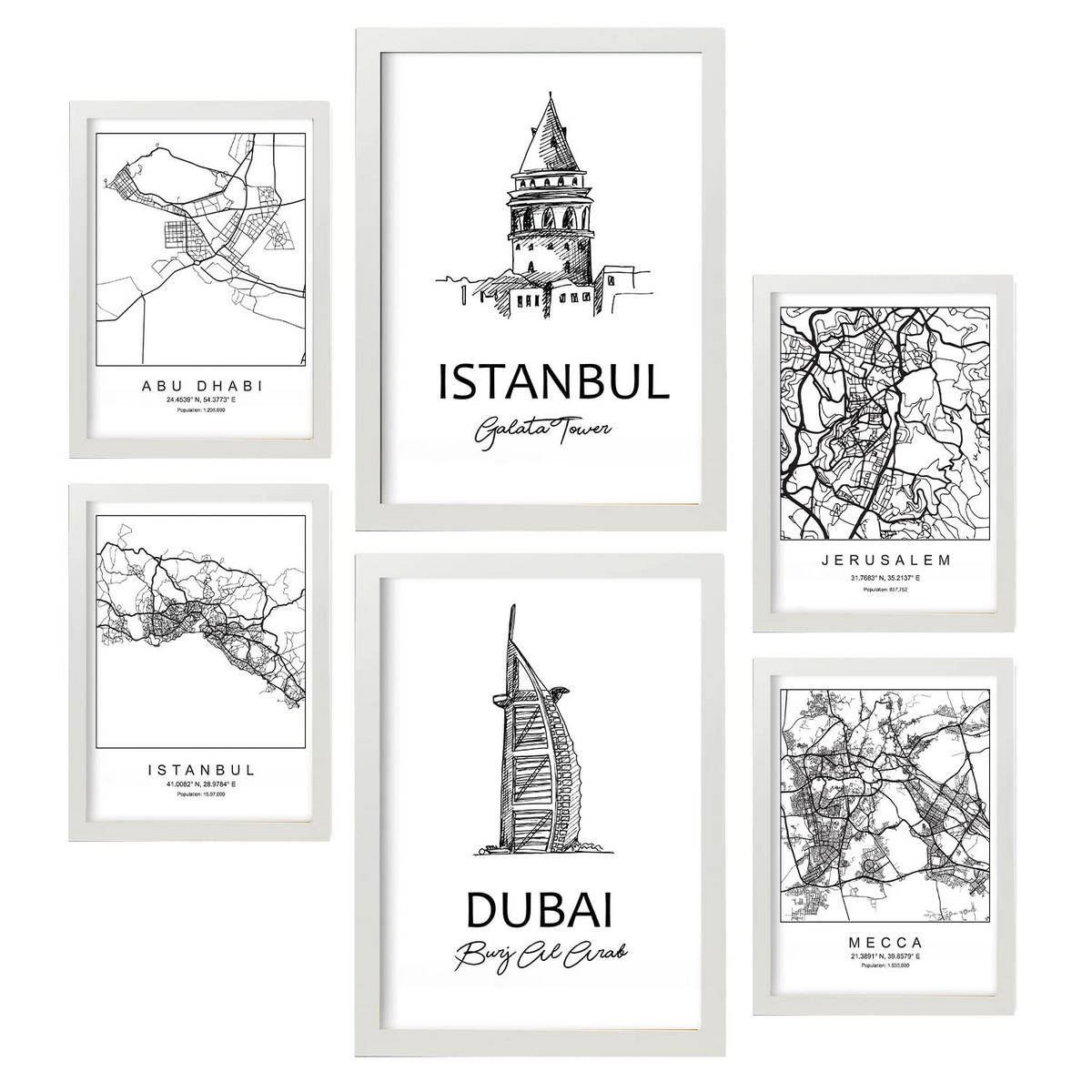 POSTER Set Mit 6 Drucke Von Naher Osten Von Karten In Schwarz Weiß A3 & A4 Weißer Rahmen - Weiß, Papier (29/3cm) - Nacnic
