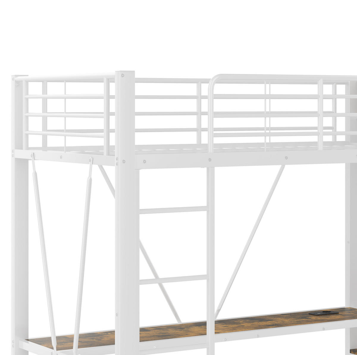 HOCHBETT aus Metall und MDF 90x200 cm Weiß mit Schreibtisch, LED, USB-C, Regalen und 4 Schubladen - Weiß, Metall (90/190cm) - Modfu