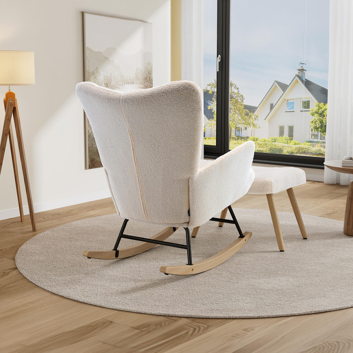 SCHAUKELSTUHL in Beige mit weichem Sherpa-Bezug und Fußhocker - Beige/Naturfarben, Holz/Textil (68/91/88cm) - CHICFURN