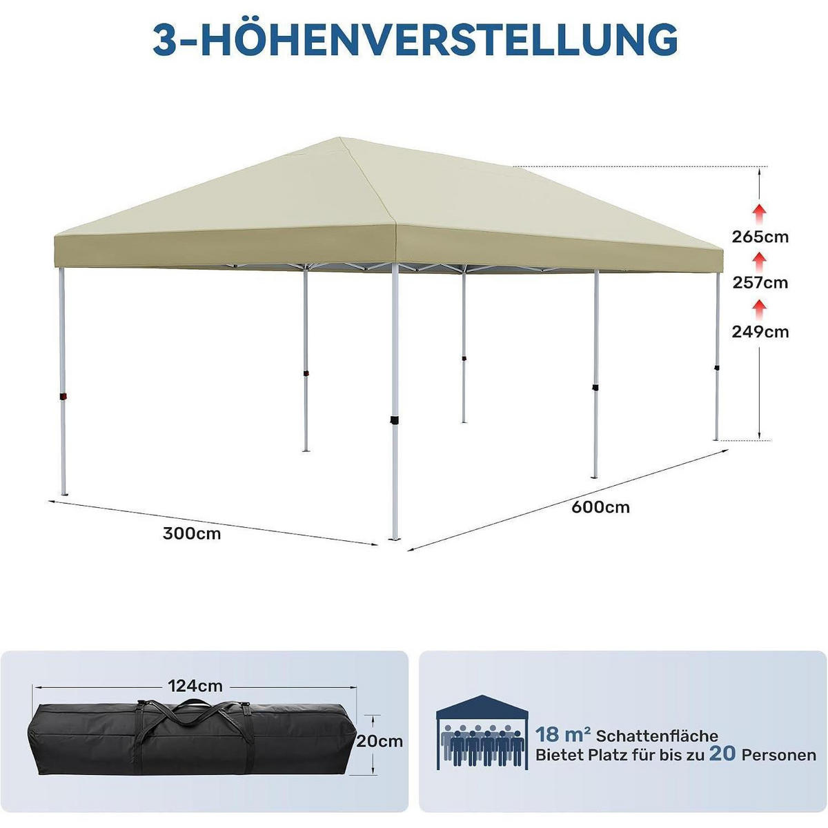 GARTENPAVILLON 3 x 6 m Beige Wasserdicht UV-Schutz 50+ - Beige, Textil (300/265/600cm)