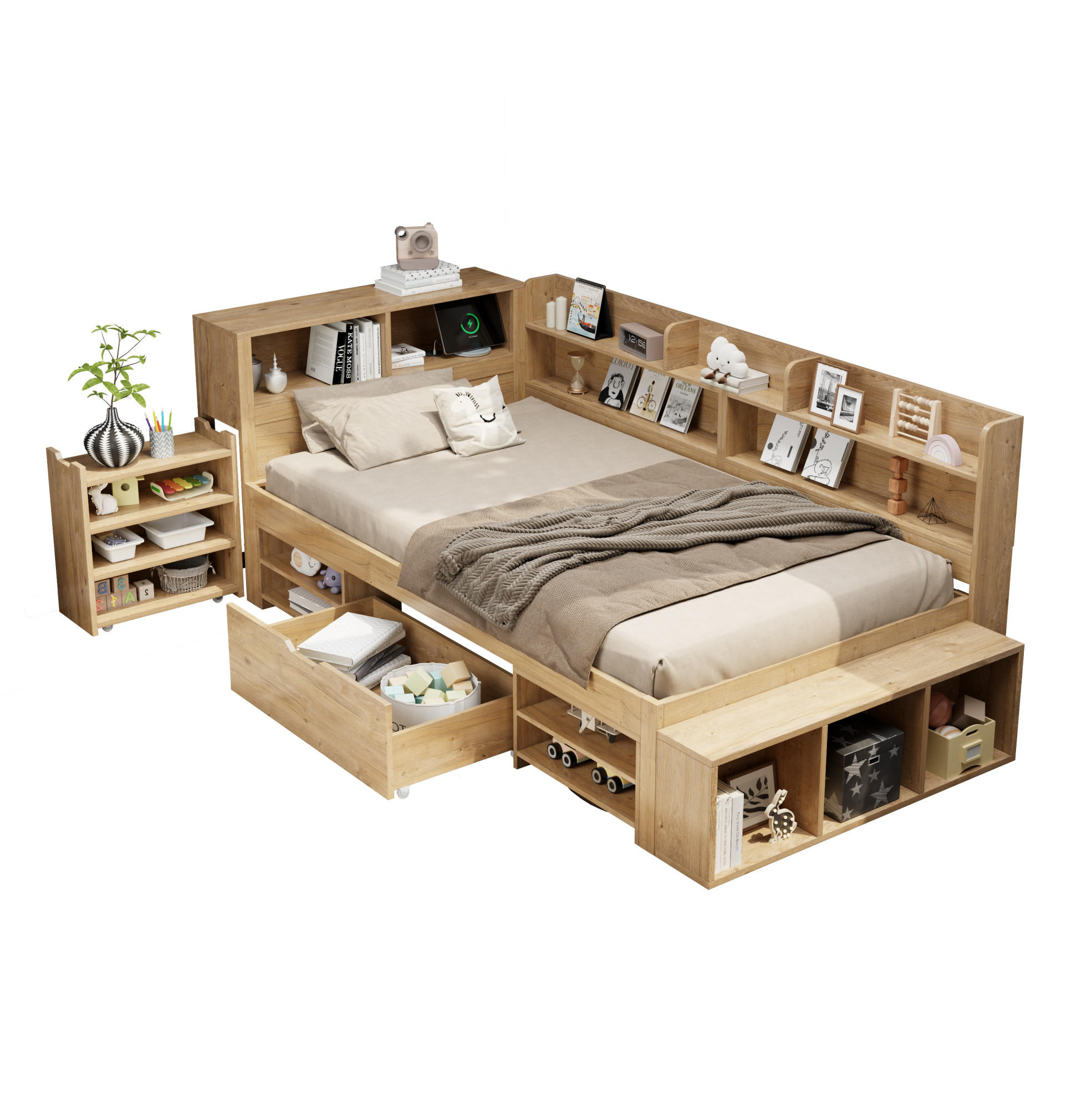 KINDERBETT 90/200 cm in Natur mit Stauraum und Regalen - Naturfarben, Holzwerkstoff (90/200cm) - Flora Grace