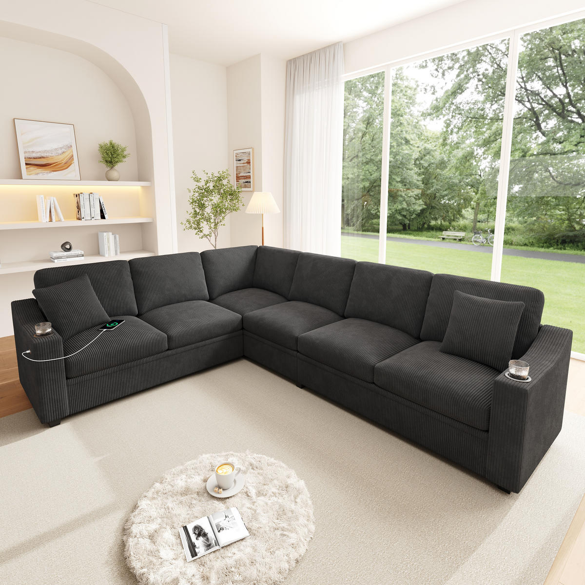 ECKSOFA 277/215/85 cm Grau mit USB/Type-C-Schnellladeanschluss und 2 Getränkehaltern - Grau, Textil (277/215cm) - Oxeza
