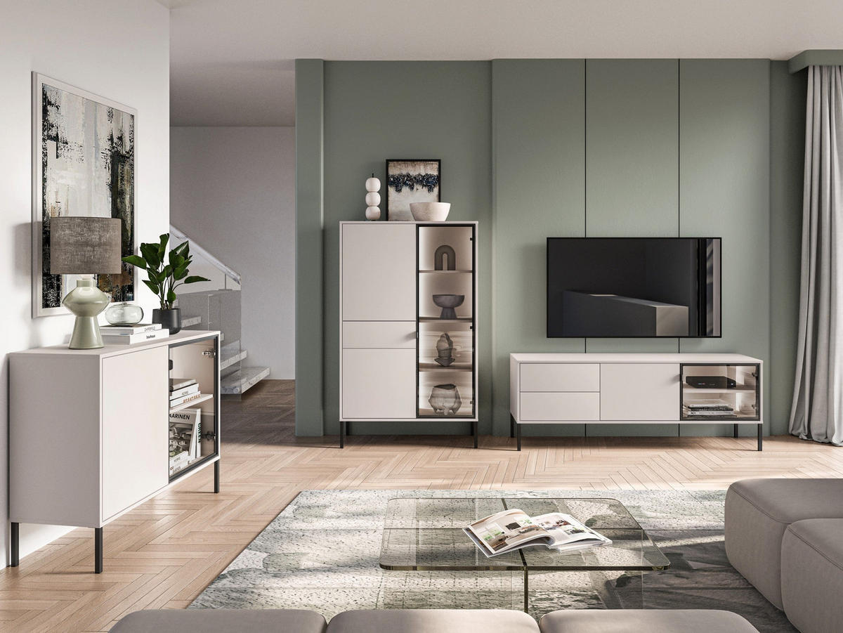 TV-LOWBOARD Barnee mit beleuchteter Glasvitrine, Kaschmirgrau, 160 cm - Taupe/Schwarz, Holzwerkstoff/Metall (160/58.9/40cm) - Selsey