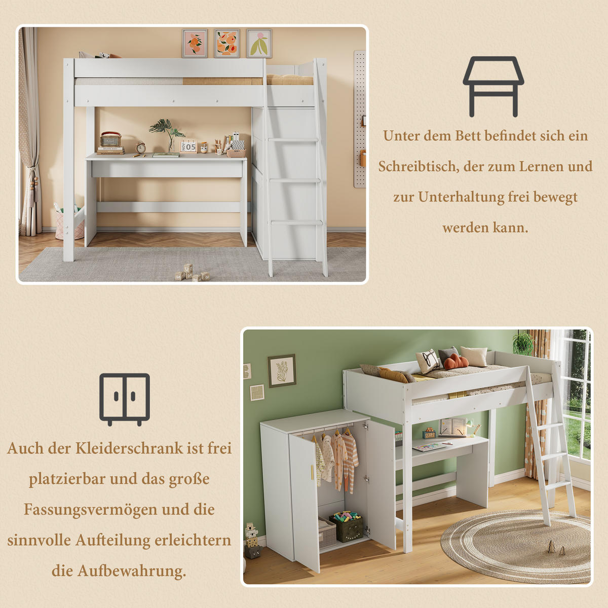 KINDERBETT 90x200cm Weiß Mit Schreibtisch & Kleiderschrank - Weiß, Holzwerkstoff (90/200cm) - FLIEKS