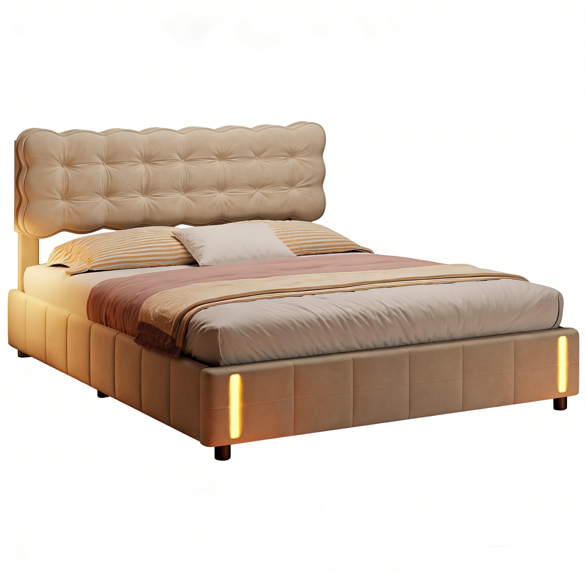 POLSTERBETT 160/200 cm mit LED,Doppelbett Bettgestell modern Samt Beige - Beige, Holz (160/200cm) - PARAFTA HOME