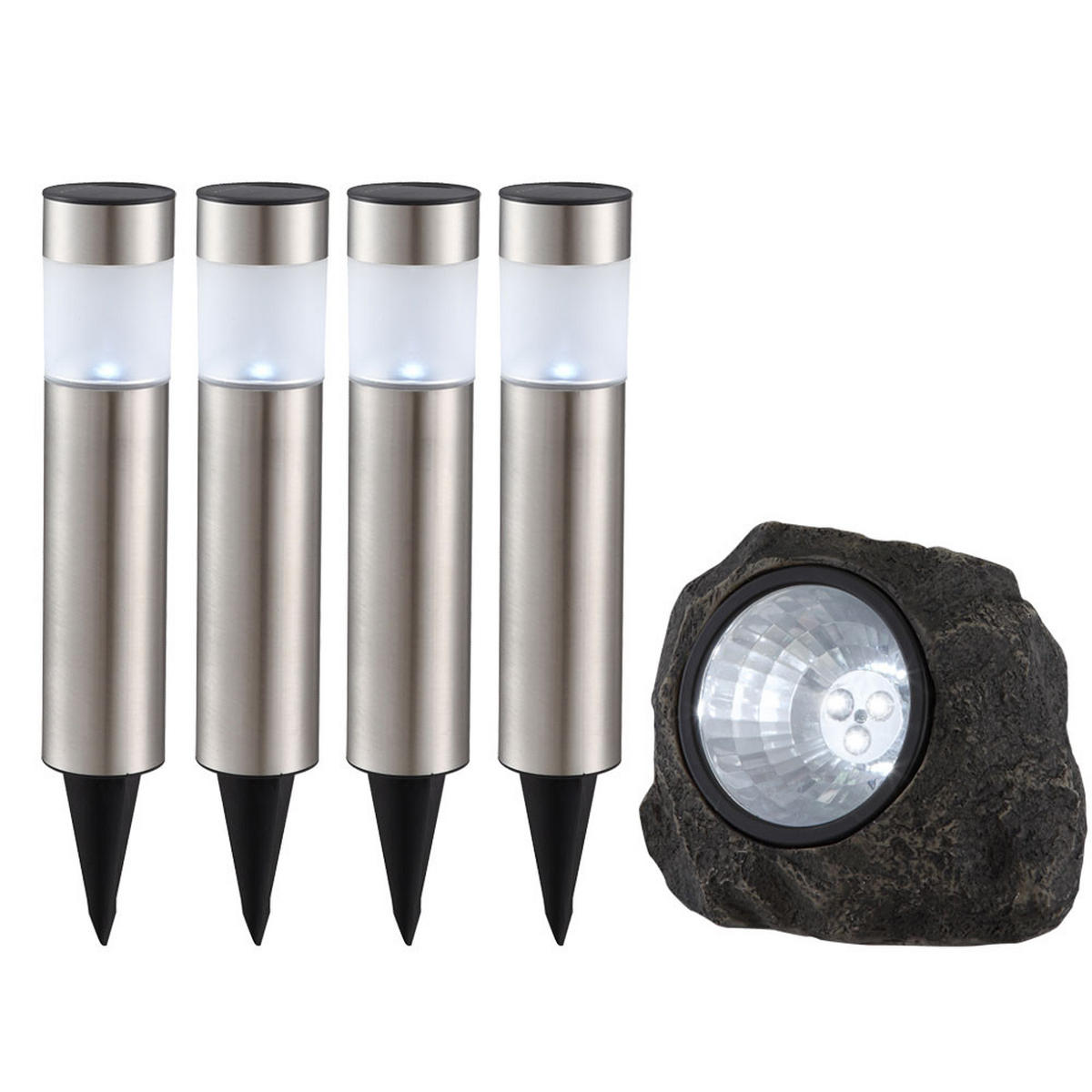 LED AUSSENLEUCHTE SOLAR 5er Set Verschiedene Designs - Silberfarben, Metall (6.5/6.5/38cm)
