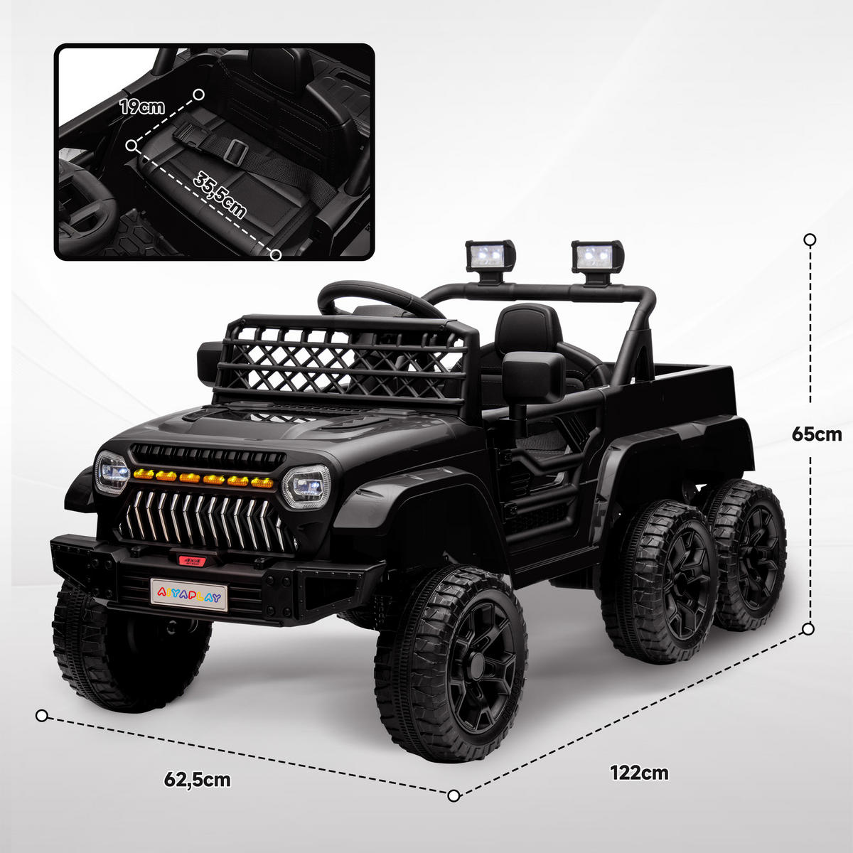 ELEKTRISCHES Kinderauto 12V, mit Anhänger, LED-Lichtern, Musik und Hupe, für Kinder im Alter von 3-8 Jahren, Schwarz - Schwarz, Kunststoff/Metall (122/62.5/65cm) - AIYAPLAY